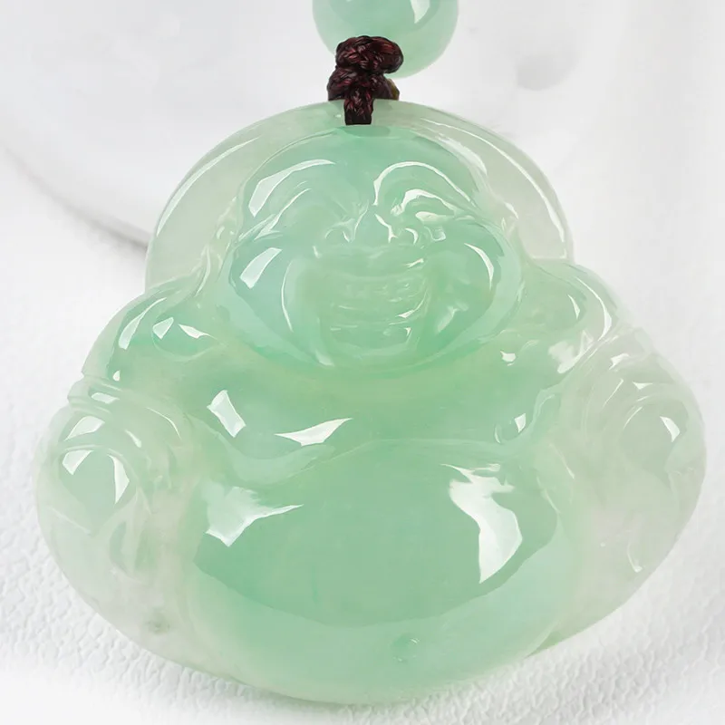 

Natural Myanmar jadeite A goods ice waxy light green smile Buddha women's jade pendant
