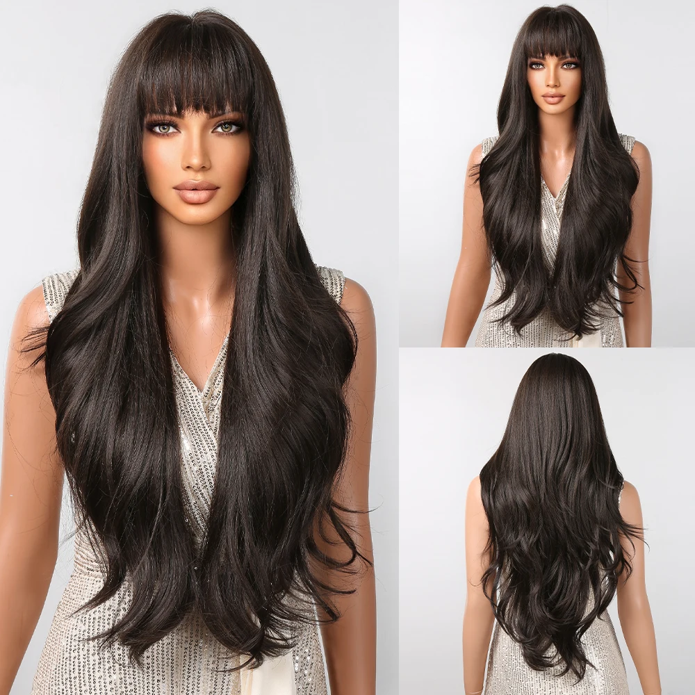 EASIHAIR Long Synthetic Wig Black Brown Water Wave Cosplay Hair Wig with Bangs for Women Afro Daily Party Wedding Heat Resistant