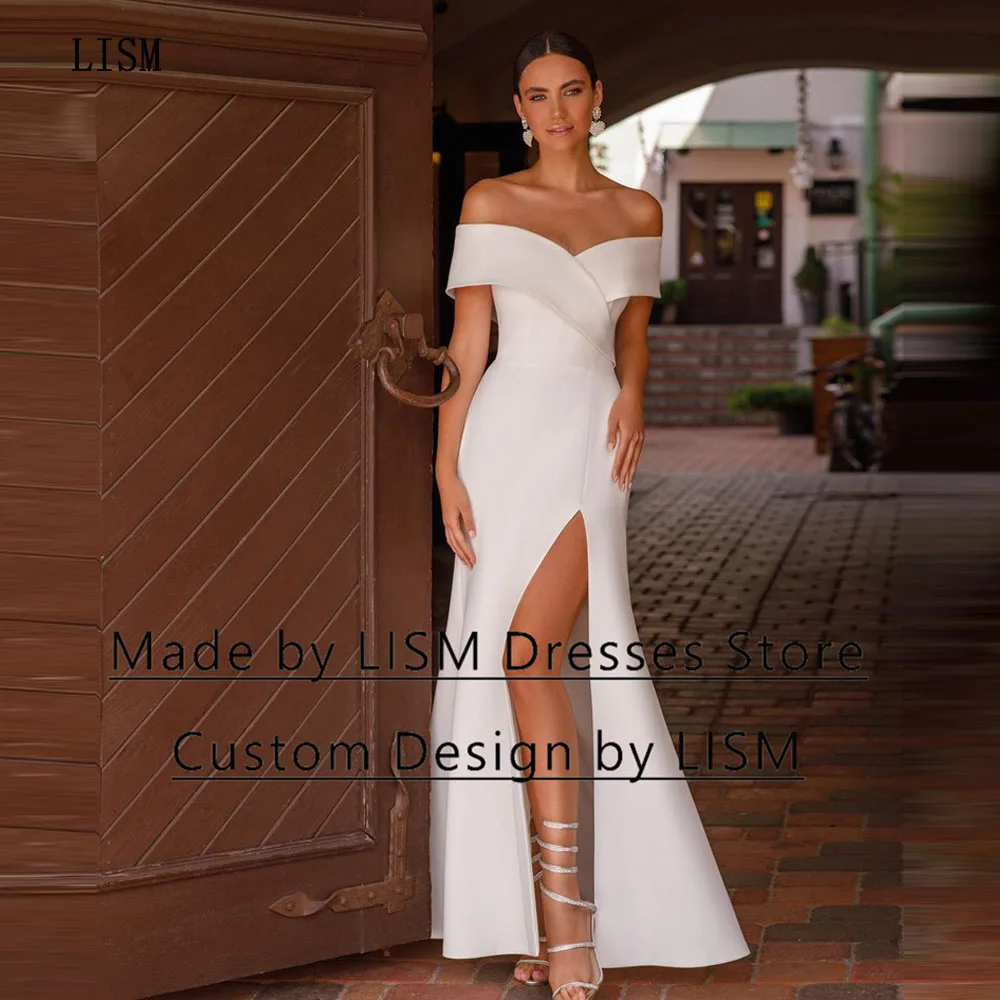 

LISM Boat Neck A-line Sheath Sleeveless Backless Bridal Gowns High Slit Off The Shoulder Floor Length Simple Robe De Soiree 2023