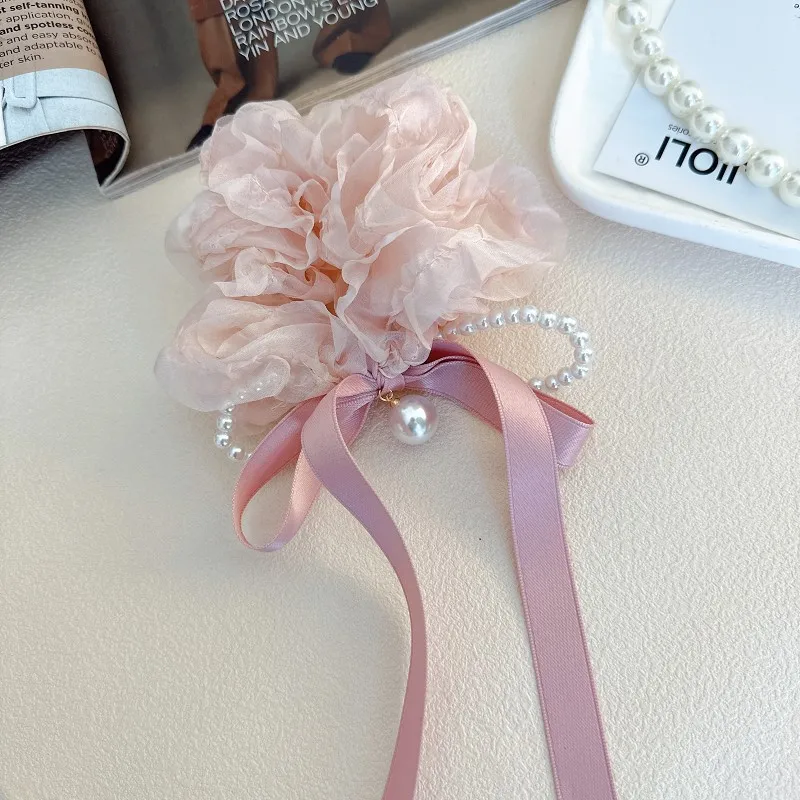 

New French Sweet Lace Hair Scrunchies Elastic Hair Bands Tie Fabric Pearl Bow Hair Tie Rope Hair Accessories for Girls Headwear