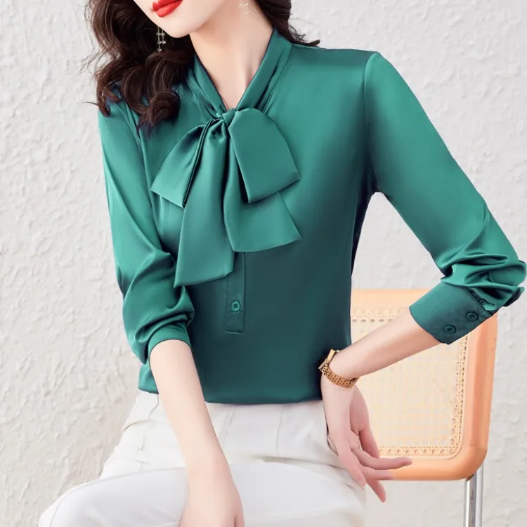 

Spring Women Fashion Bow Tie Chiffon Blouse Blusas Mujer De Moda 2023 Vintage Long Sleeve Casual Office OL Shirt Female Tops
