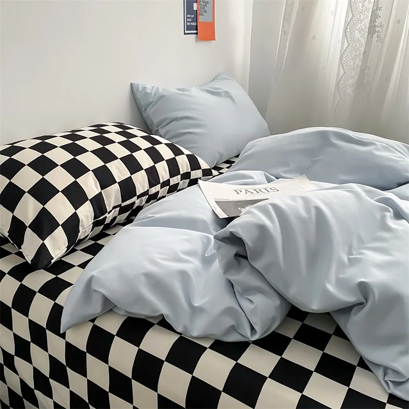 

Blue Plaid Bedding Set for Boys Girls Bedroom Washed Cotton Duvet Cover Pillowcase Bedspread Simple Fashion Bed Sheet Bed Linens