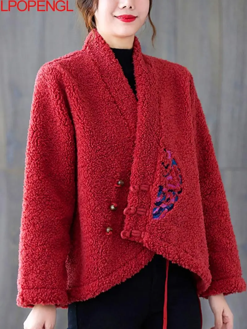 

National Style Embroidered V-neck Lamb Wool Coat Women's 2022 Autumn And Winter New Chinese Retro Asymmetric Length Top Thick