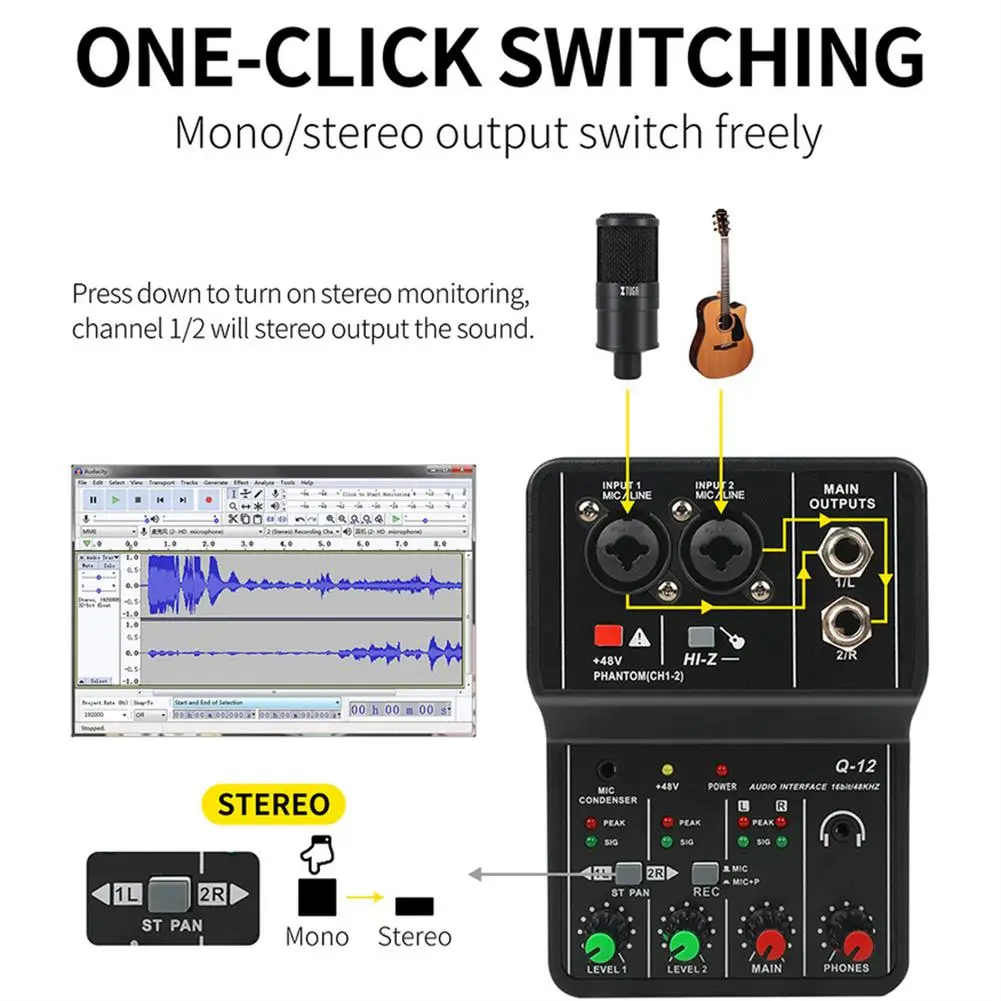 

Mini Q12 Professional Audio Sound Card Drive-free with Monitor USB 2.0 Electric Guitar Live Broadcast Recording Studio Singing