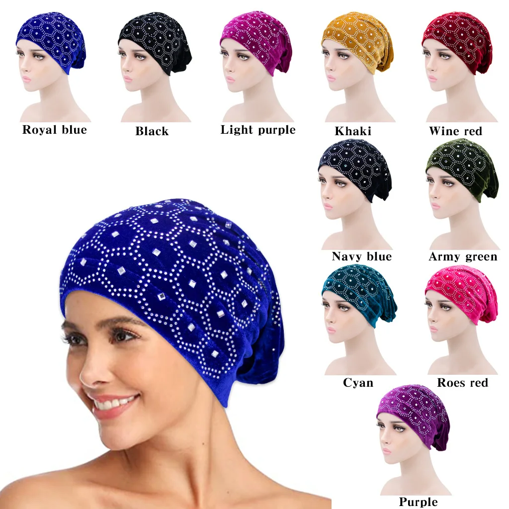 

Helisopus New Glitter Diamond Turban Full Crystals Women Elegant Hair Loss Cover Indian Hexagon Hat Ladies Muslim Headdress