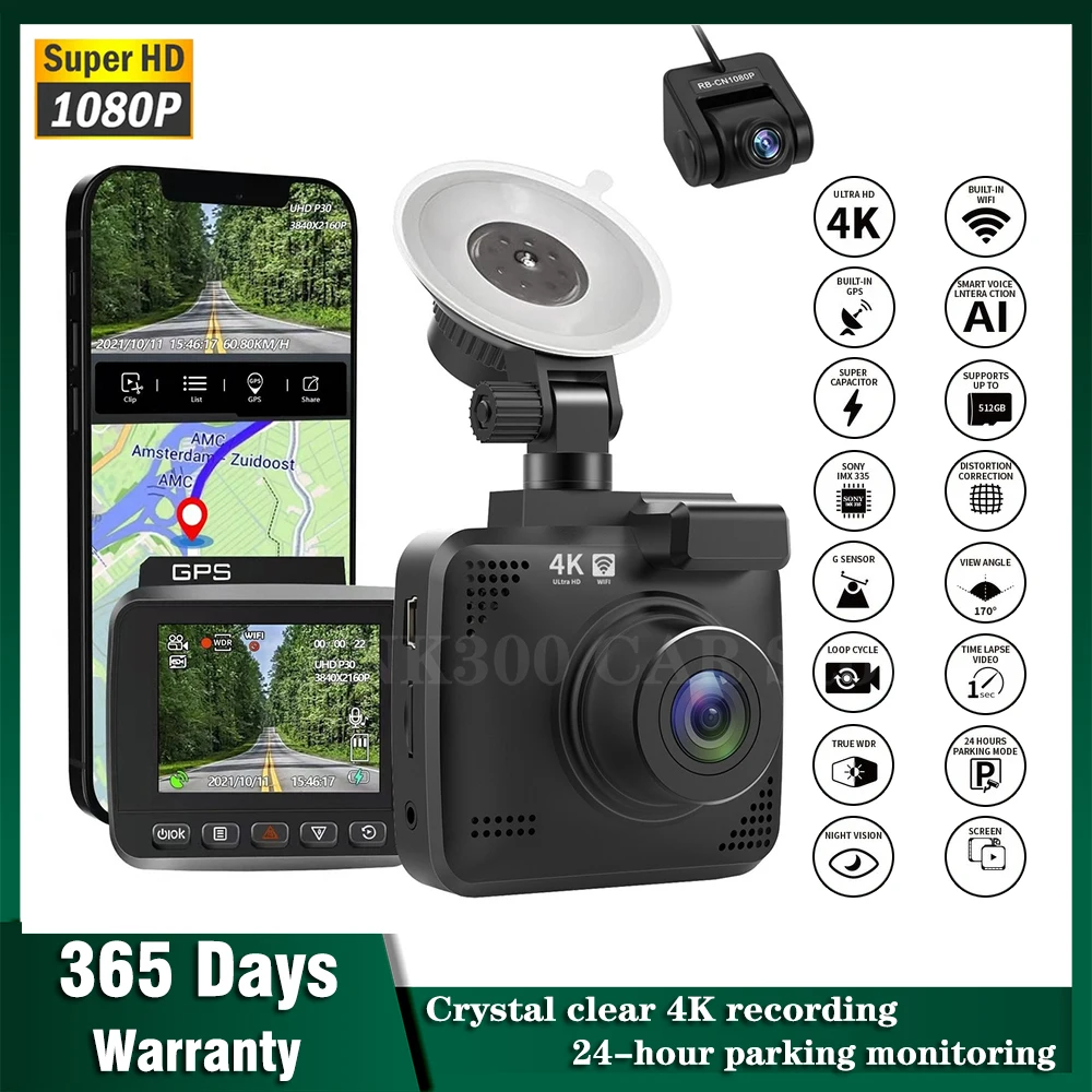 Купи Car Dash Cam Dual Lens 4KUHD Recording Car Camera DVR Super Night Vision Camera WDR Built-in GPS Wi-Fi G-Sensor Motion Detection за 6,790 рублей в магазине AliExpress