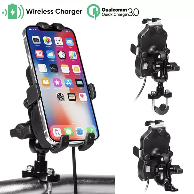 

Держатель для телефона мотоциклетный с шестью зажимами, QC3.0, с беспроводным зарядным устройством