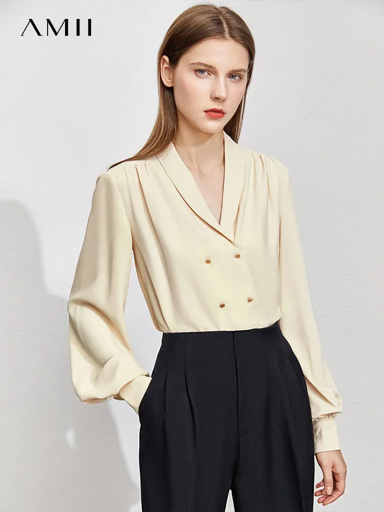 

Amii Minimalism Spring Women Blouse Office Lady Lantern Sleeve Vneck Chiffon Blouse Women's Shirt Solid Female Tops 12170321