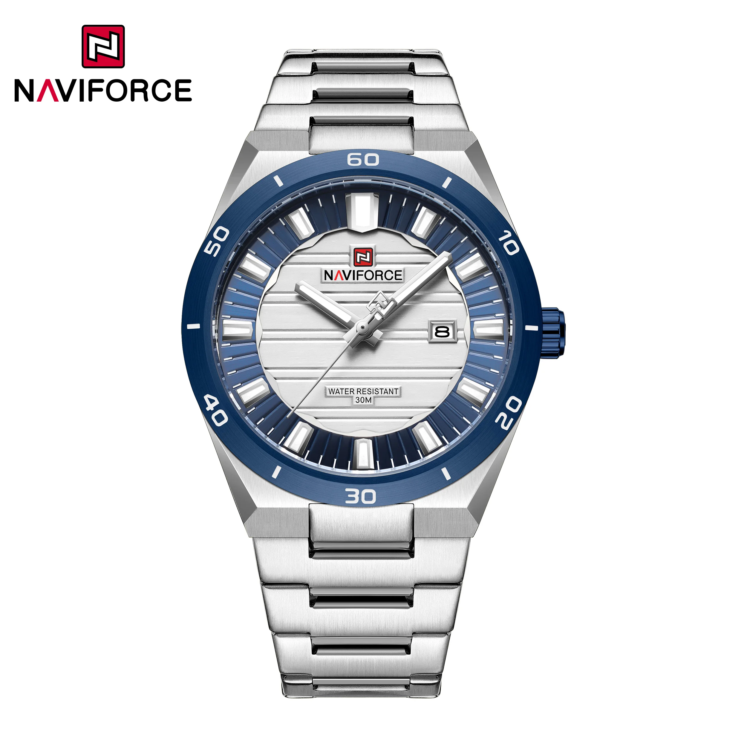 Фото NAVIFORCE 9268 Элегантные мужские кварцевые часы с подсветкой, календарем, водонепроницаемые, с ремешком из нержавеющей стали, модные деловые часы для мужчин. №4