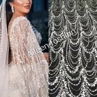 off white high quality bridal glitter dress tulle mesh pearl beaded lace wedding fabric for women evening gown sewing materials