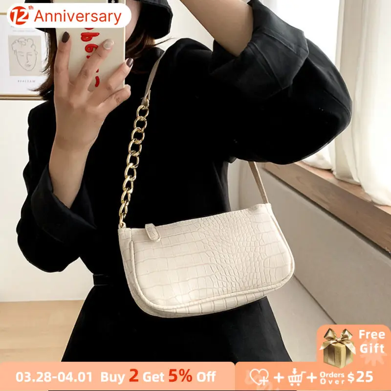 

Fashion Leather Small Baguette Handbags for Women All-match Stone Pattern Chain Shoulder Underarm Bags Ladies Clutch Purses