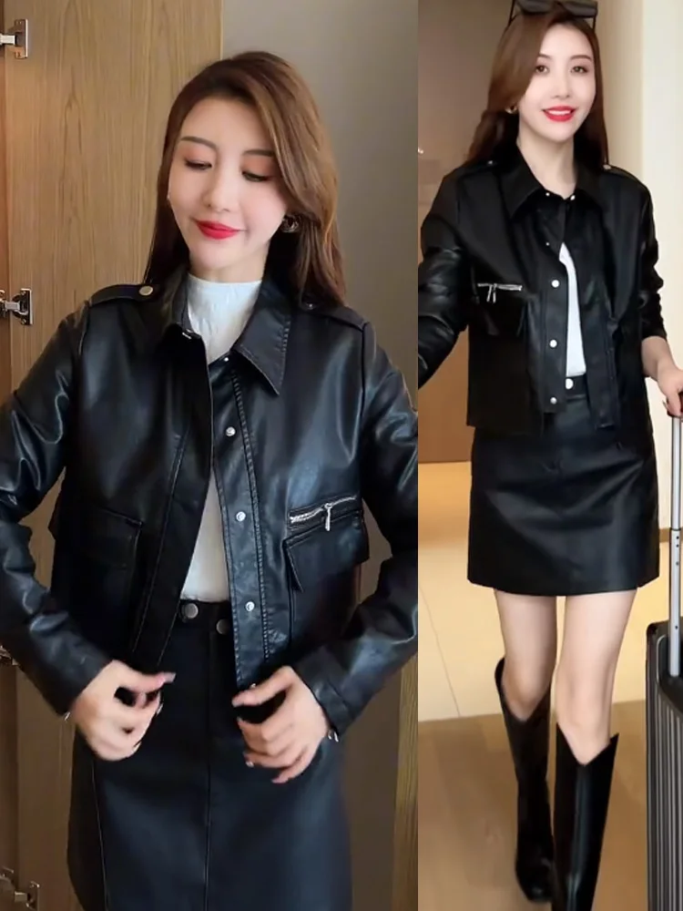 Кожаное пальто маленькое ранняя осень 2023 одежда новая мода популярное короткое