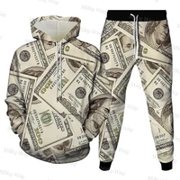 mens money poker pattern hoodie set tracksuit male oversized fashion clothing with hat casual daily hooded autumn streetwear