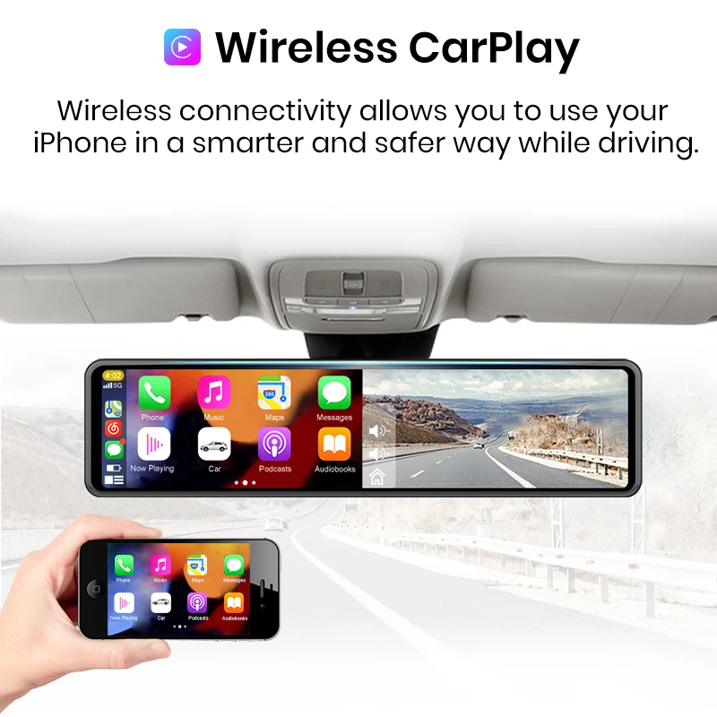 Junsun Wireless CarPlay Android Auto Rear View Mirror Dual Screen Car DVR Dash Cam 11.26” FHD 1080P Video Recorder Stream Media |