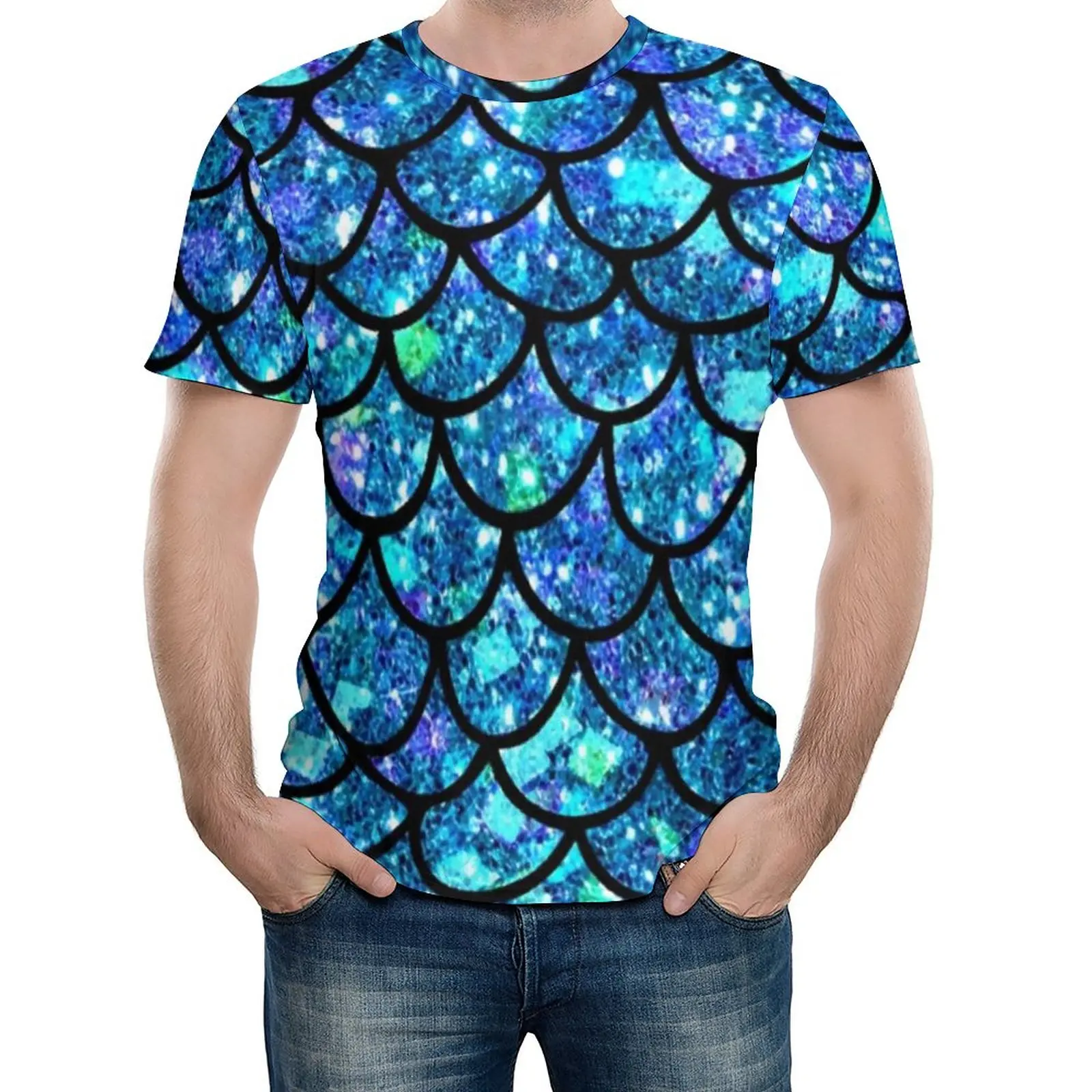 

Sparkly Mermaid Scales T-Shirt Couple Magical Colorful Print Awesome T-Shirts Novelty Tees Short Sleeve Graphic Oversize Tops