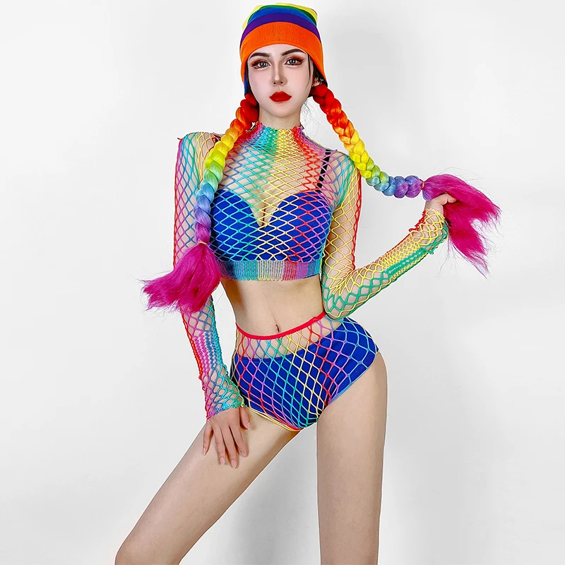 

Костюмы Gogo радужного цвета, сетчатые Женские шорты, женская одежда для джазовых танцев, одежда для бара, ночного клуба, диджея, Ds, для сцены, д...