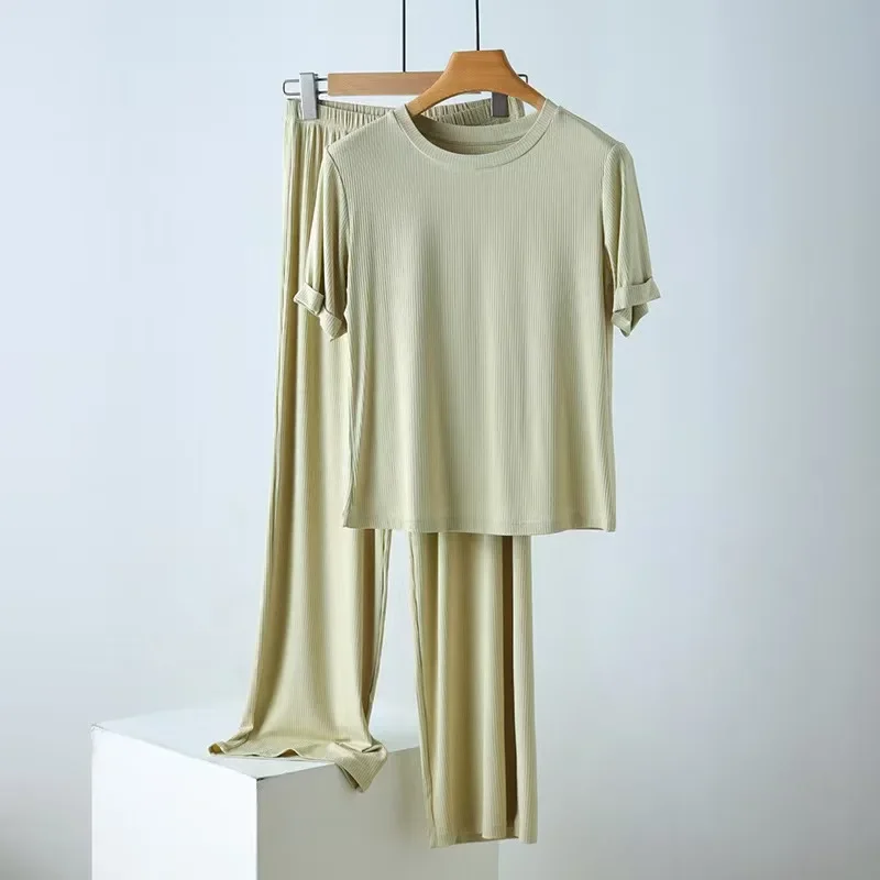 2025 new cotton soft and comfortable small thread short-sleeved trousers pajamas pants set vertical stripe round neck lounn