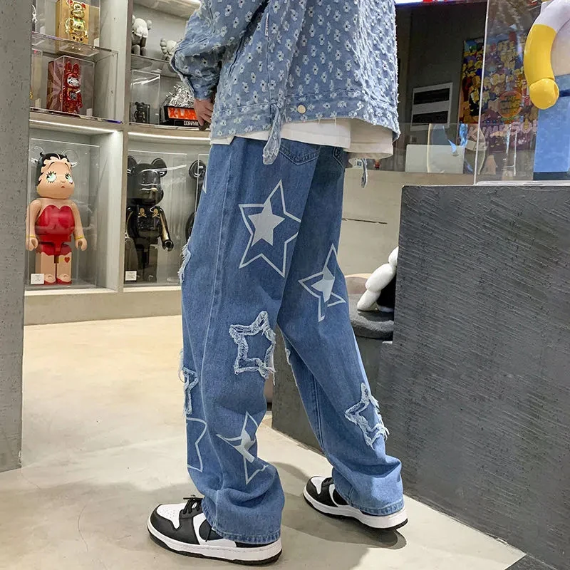 European And American High Street Hip-Hop Loose All Kinds Of Printing Straight Wide Leg Jeans Y2k Retro Harajuku Jeans Unisex