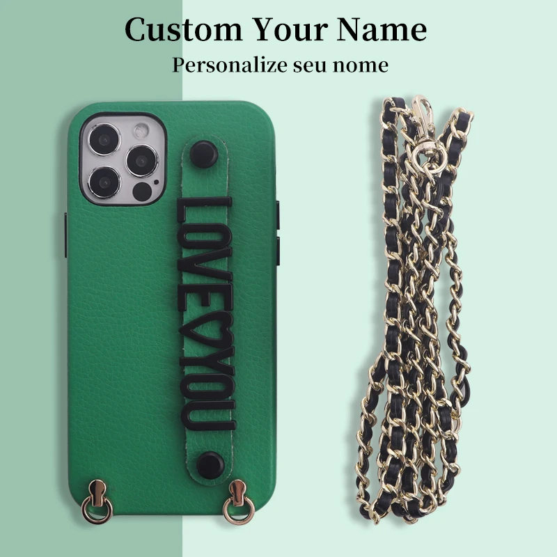 Custom Name Logo Gold Letters Pebble Leather Adjustable Lanyard Phone Case For iPhone 14 14ProMax 14Plu Phone Personalized Cover