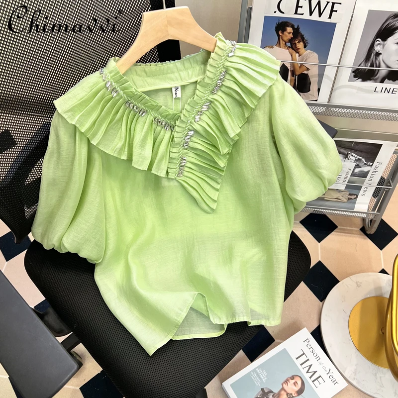 

2022 Summer New Fashion Exquisite Rhinestone Ruffled V-neck Puff Sleeve Chiffon Shirt Sweet Temperament Women Blouse Ladies Top
