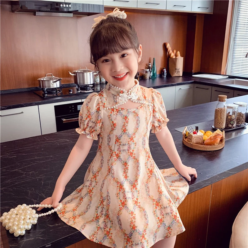 

Dress For Girls 2022 Summer New Children Fashion Chinese Style Floral Print Pearls Hollow Out Elegant Cheongsam Chiffon Clothing