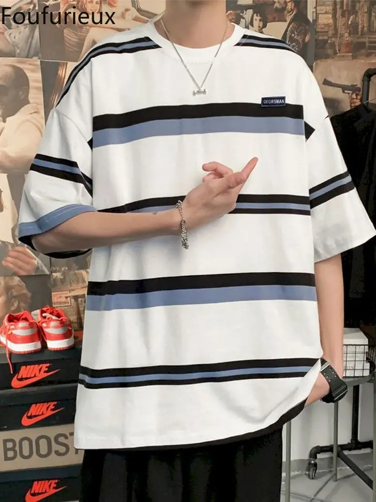 

Foufurieux High Street Short-sleeved T-shirt Men Couple Japanese Simple Striped Half-sleeved Summer Korean Loose Student Y2k Top