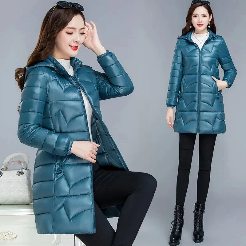 

Новинка 2023, Женская Стеганая куртка, длинная верхняя одежда, зимние теплые толстые парки, пальто, женское свободное хлопковое пальто с капюшоном, однотонное зимнее пальто