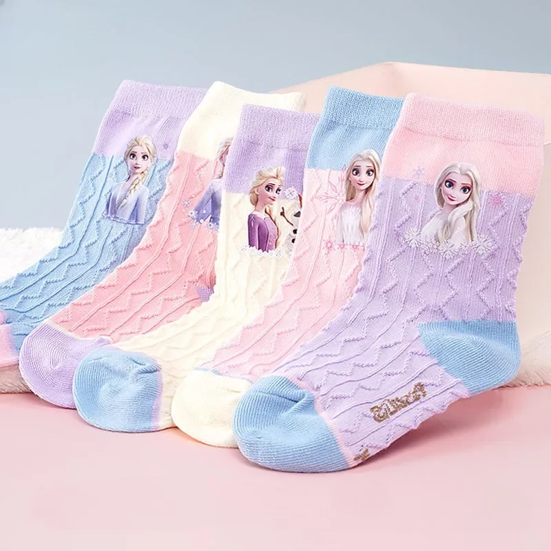 

5 Pairs Kawaii Disney Frozen Elsa Girl's Cotton Socks Cute Cartoon Sweet Winter Keep Warm Sweat-absorbent Children's Short Socks