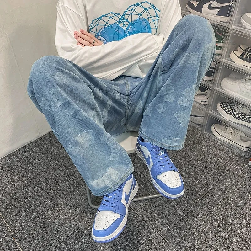 High Street  Man Denim Pants Trousers  Retro Y2k Straight Jean Streetwear Loose Mopping Pants Loose Design Fashion Casual Pant