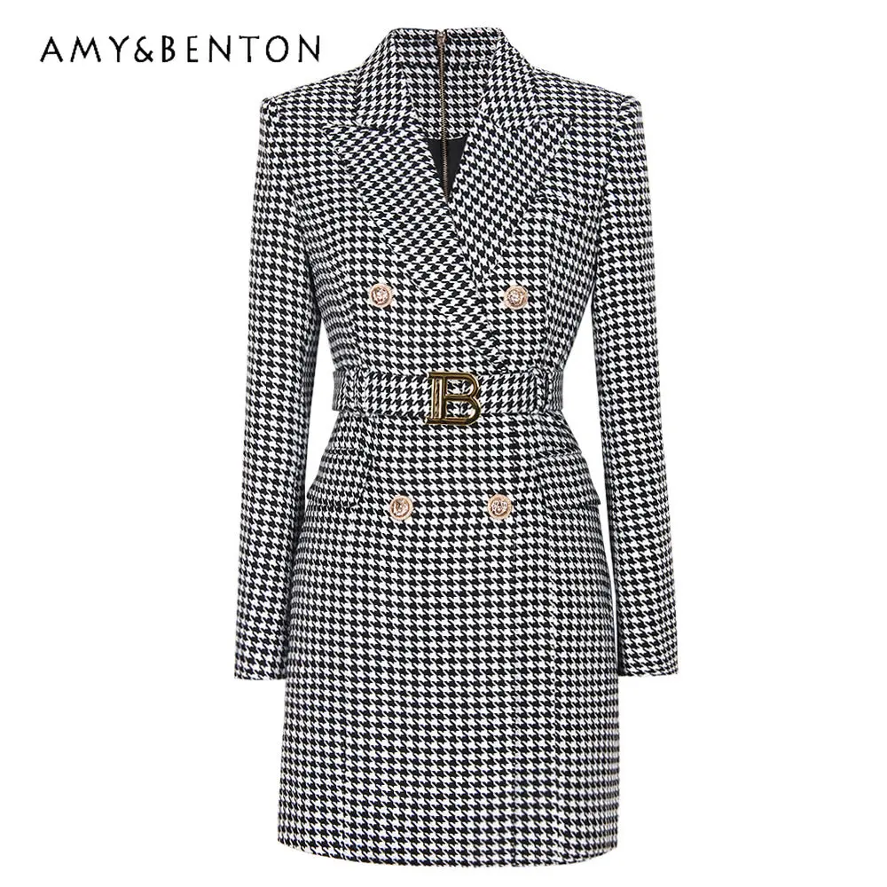 Autumn and Winter New Fashion Advanced Houndstooth Long Sleeve Dress Women's Slim Fit Temperament Commute Business Suit Dress