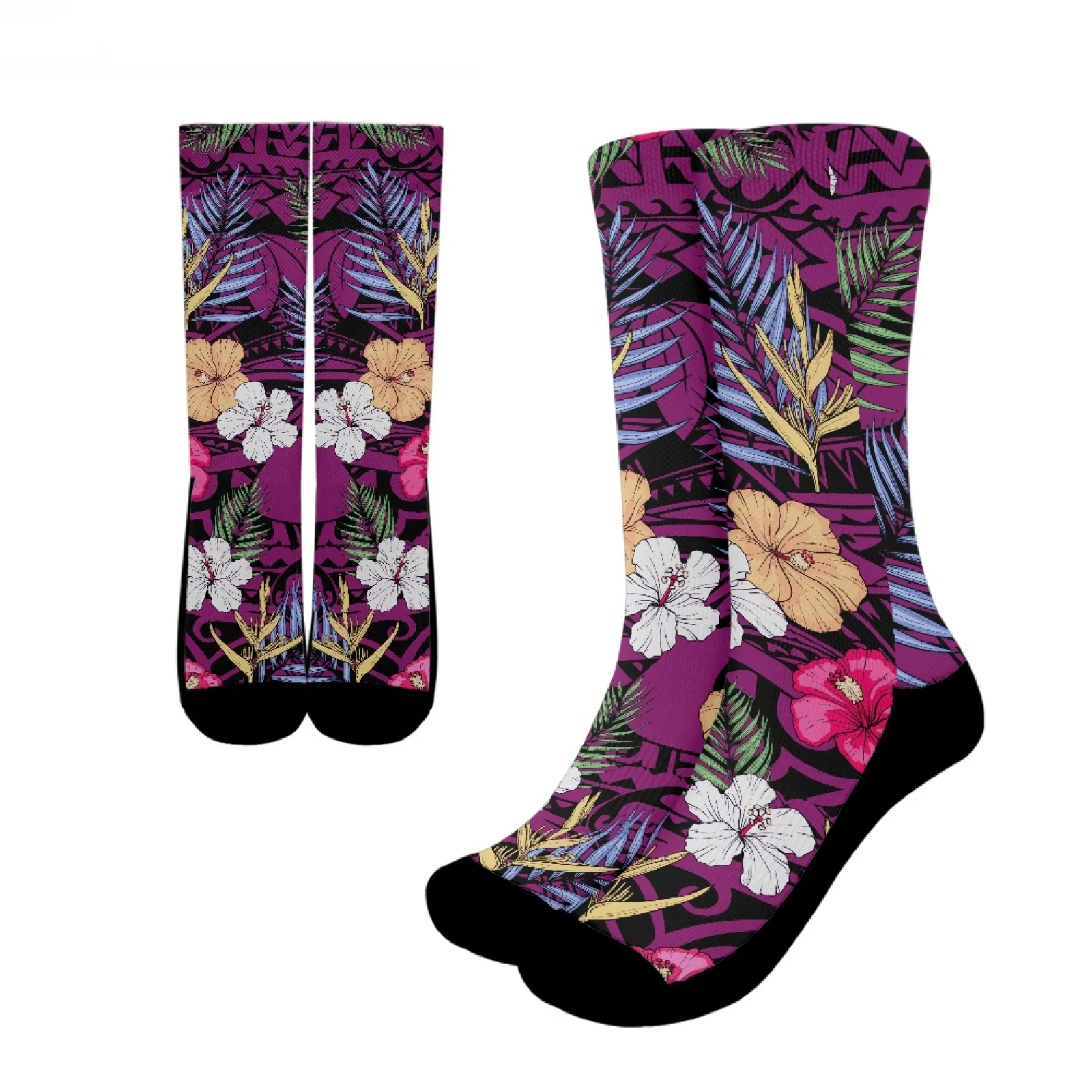 

Polynesian Tribal Fijian Totem Tattoo Fiji Prints High Quality Comfortable Hibiscus Running Socks Casual Keep Warm Crew Socks