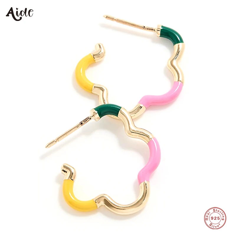 

Aide 925 Sterling Silver Pink Green Yellow Enamel Hoop Earrings For Women Cute Flower Wave Shape Frame Circle Huggie Earrings