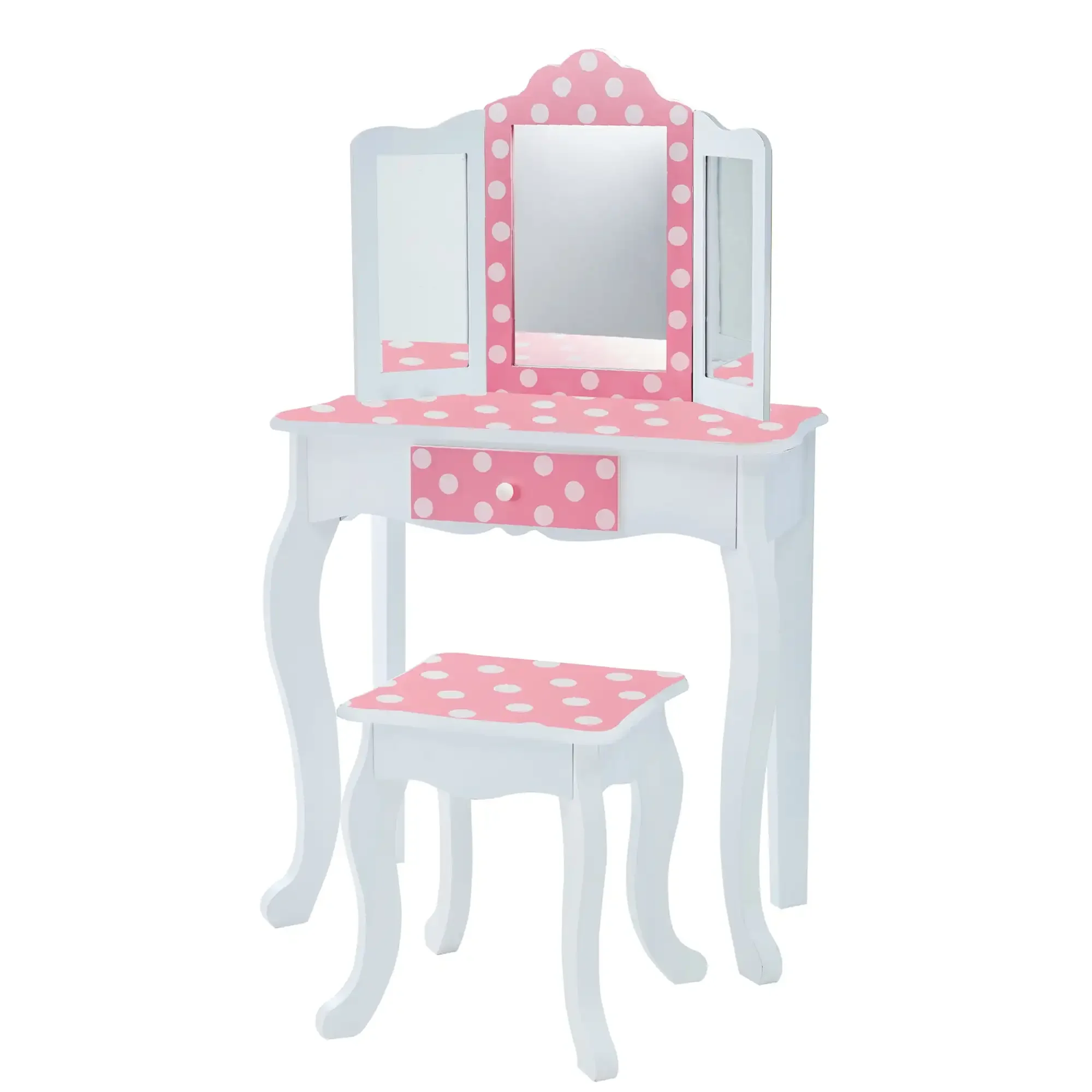 

Teamson Kids Gisele Polka Dot Vanity Set with Tri-Fold Mirror and Chair, Pink/White