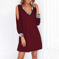 women dress solid color v neck shiny sequin spring dress for daily wear