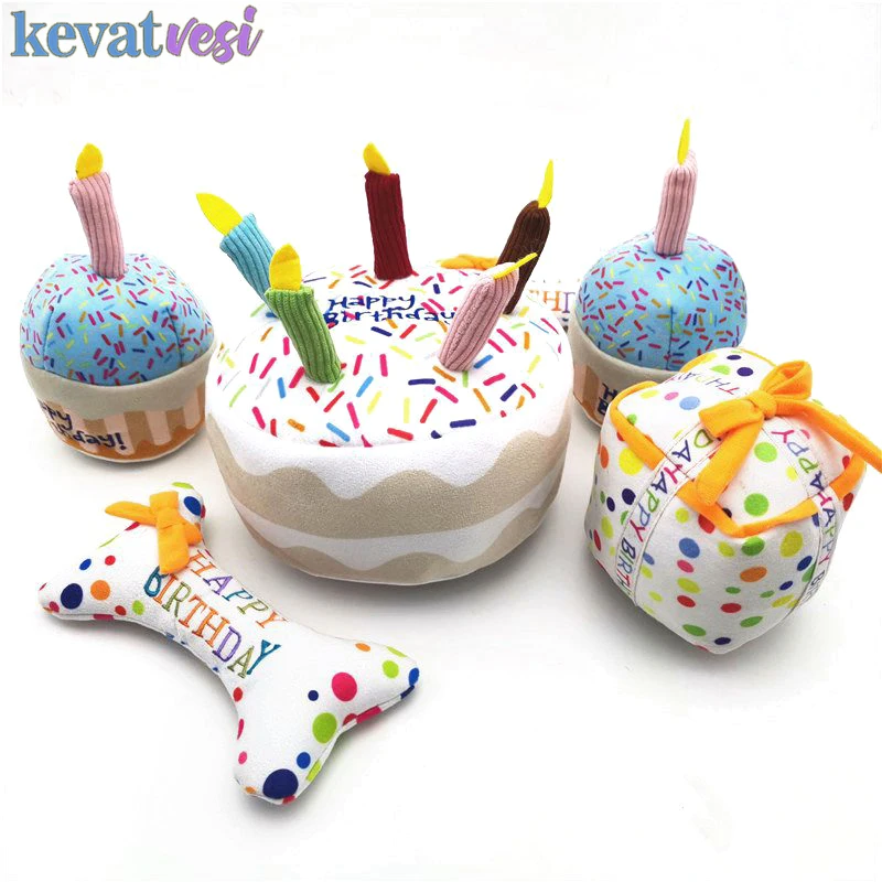 

Pet Dog Toy Cute Birthday Cake Squeaky Toys Bite Resistant Bone Shape Stuffed Toy Cat Puppy Chew Toy Interactive Dog Accessories