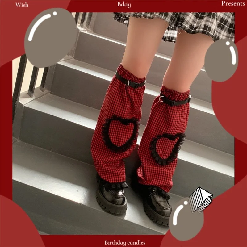 

Red Plaid Stocking HARAJUKU Women Socks Heart Lace Gyaru Loose Socks Woman Long Girls Sock Spring Summer Y2k Japanese Retro Sock