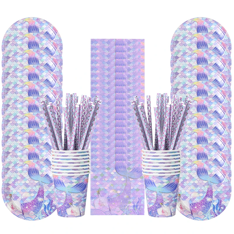 

Mermaid Theme Party Disposable Tableware Paper Plate Cup Kids Girl Little Mermaid Birthday Party Decoration Supplies Baby Shower