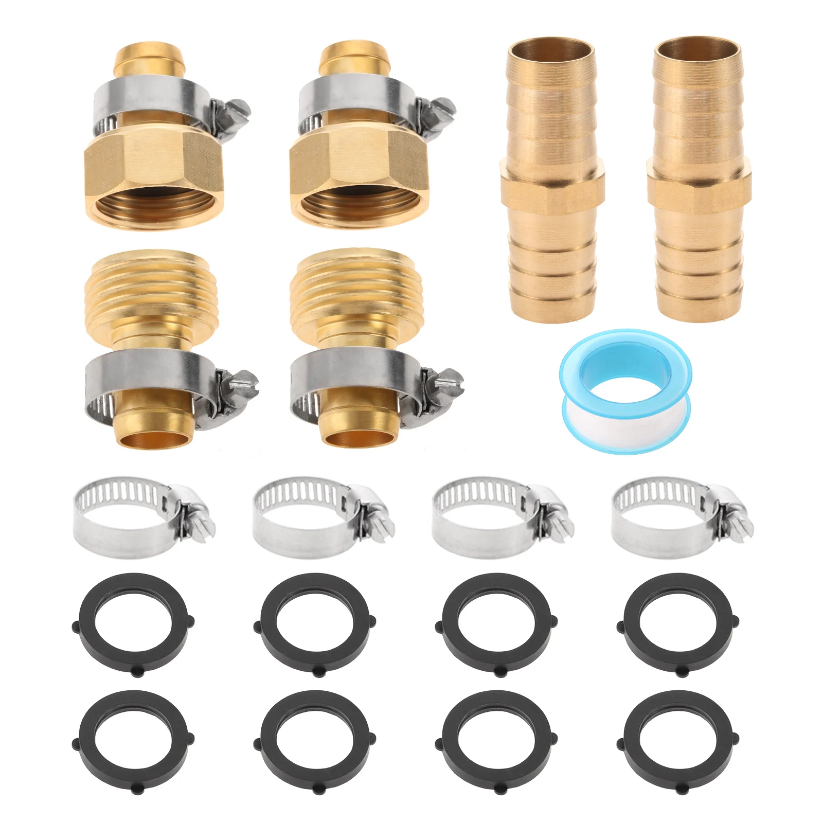 

4kits Garden Hose Connector Solid Brass Mender 3/4 5/8 1/2 Inch Female & Male Tape Steel Clamp Rubber Gasket Durable Parts