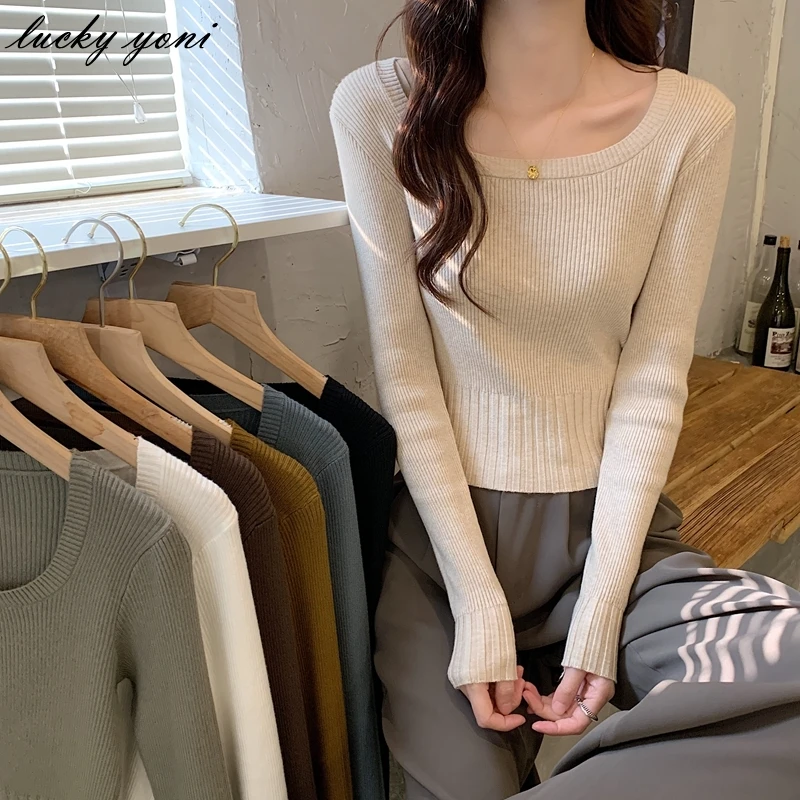 

Женский короткий кашемировый вязаный свитер Yoni, повседневные пуловеры с квадратным вырезом и длинными рукавами, однотонный базовый джемпе...