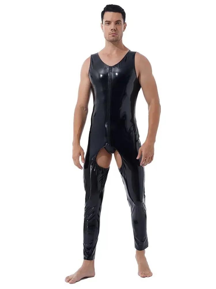 

Unisex Sleeveless Wet Look PVC Catsuit Shiny PU Leather Crotchless Open Crotch Bodysuit Tight Hot Sexy Clubwear Jumpsuit Leotard