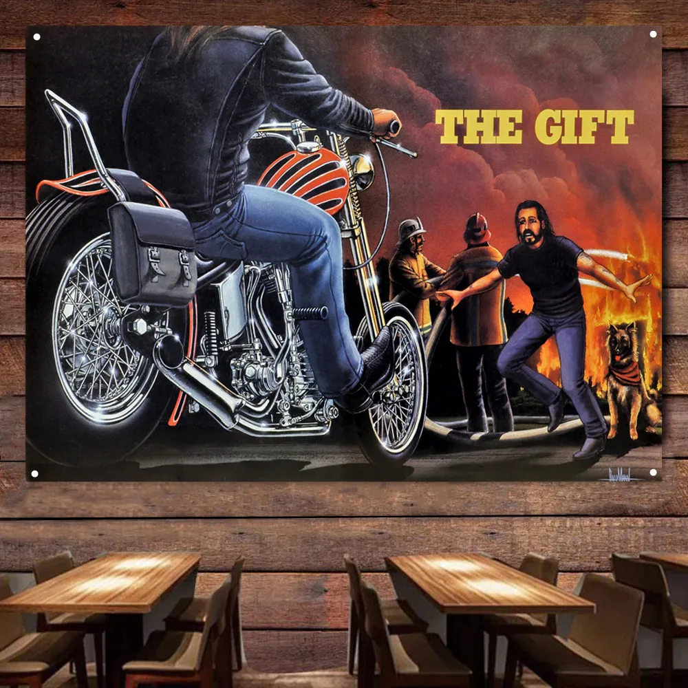 

The Fire Motorcycle Painting for Garage Vintage Decorative Banner Wall Flag Gas Station Man Cave Auto Poster Home Decor Stickers