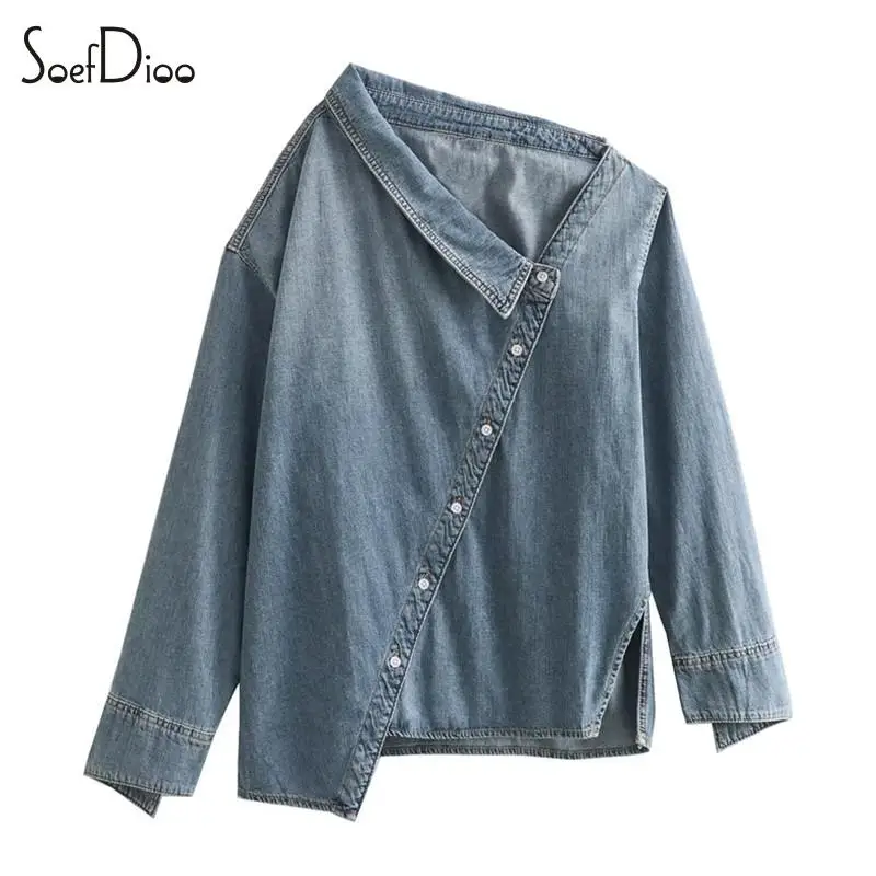 

Женская Джинсовая блузка Soefdioo, модная хипстерская Свободная блузка с длинным рукавом и воротником с лацканами и скошенными пуговицами, осень 2023