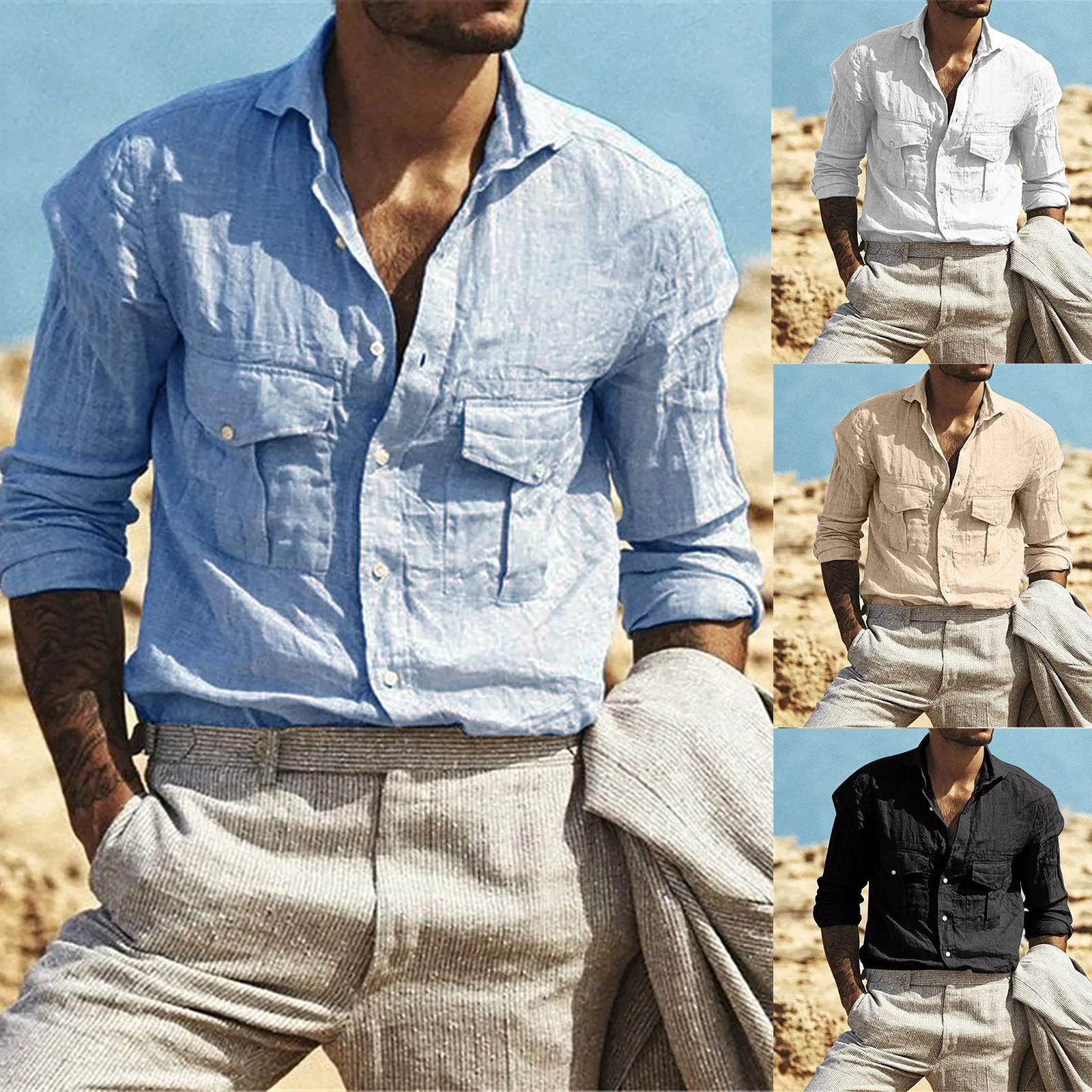 Рубашка мужская с длинным рукавом сорочка из хлопка и льна на пуговицах