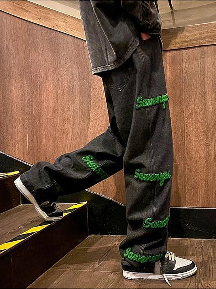 Flocked Letter Print Jeans Men's Trendy High Street Casual Elastic Waist Straight-leg Pants Style Fashion Men Trousers Men Pants