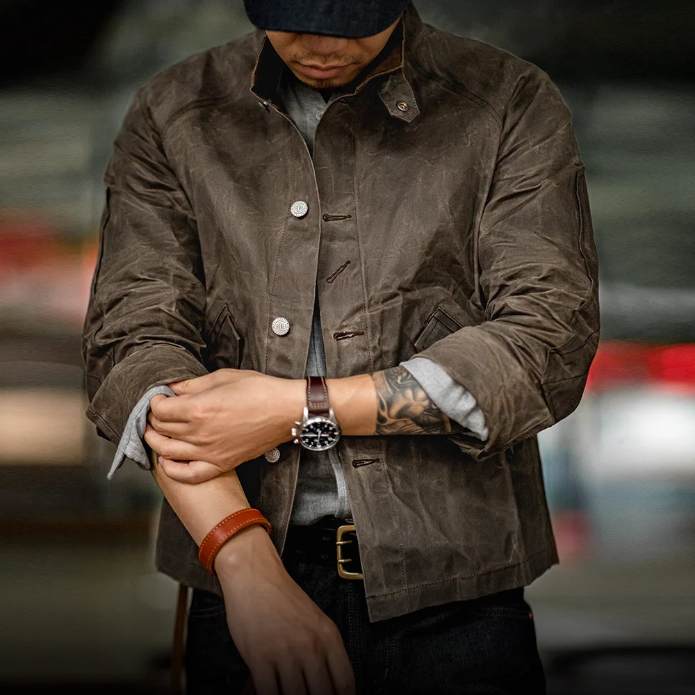 

Maden Stand Collar Oil Waxed Jacket Ⅲ New Version Men’s Jackets Dark Color Amekaji Waterproof Vintage Coat for Tough Guy 2023
