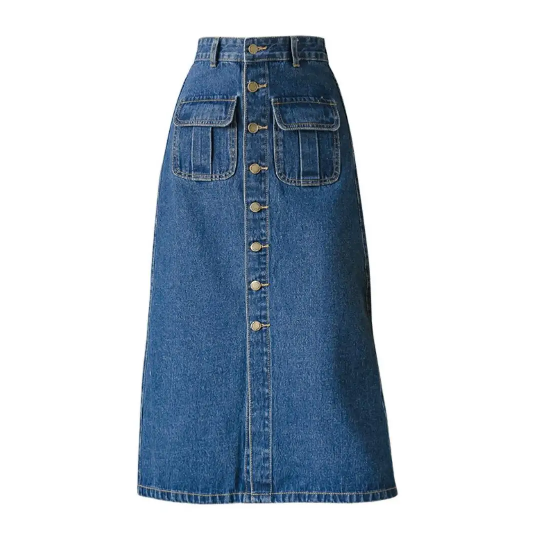 Юбка-миди женская джинсовая с застежкой спереди длинная трапециевидная