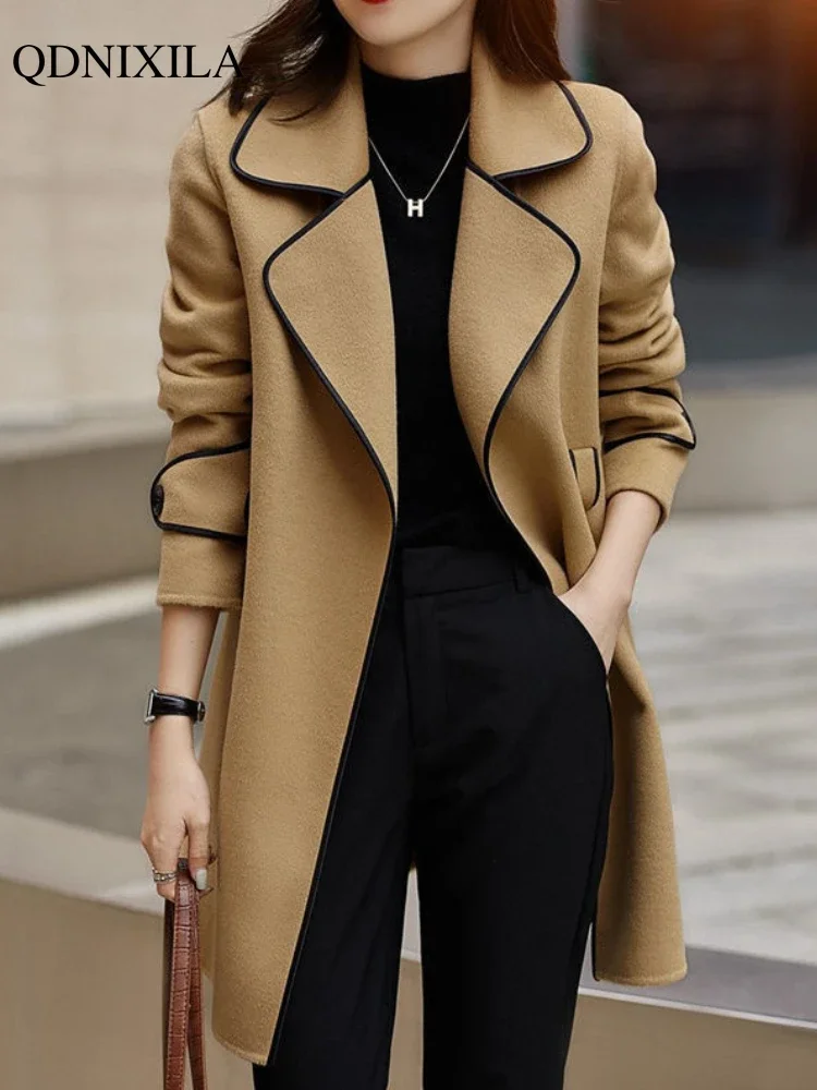 

Новинка, модные шерстяные и смешанные пальто 2023, пальто, женская зимняя облегающая элегантная женская осенняя одежда средней длины на шнуровке в Корейском стиле, верхняя одежда