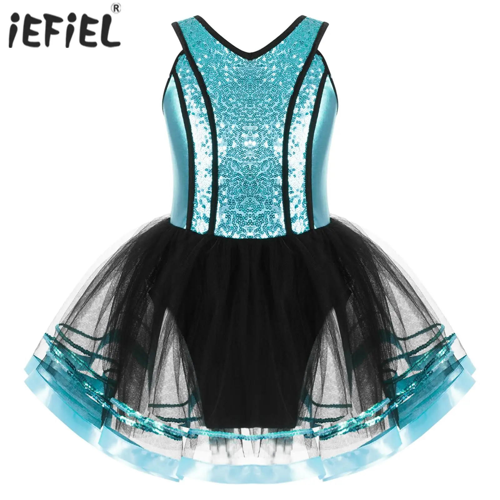 

Kids Girls Ballet Dance Dress Sleeveless Wide Shoulder Straps Dancewear V Neckline Shiny Sequins Decorated Tutu Mesh Dance Dress