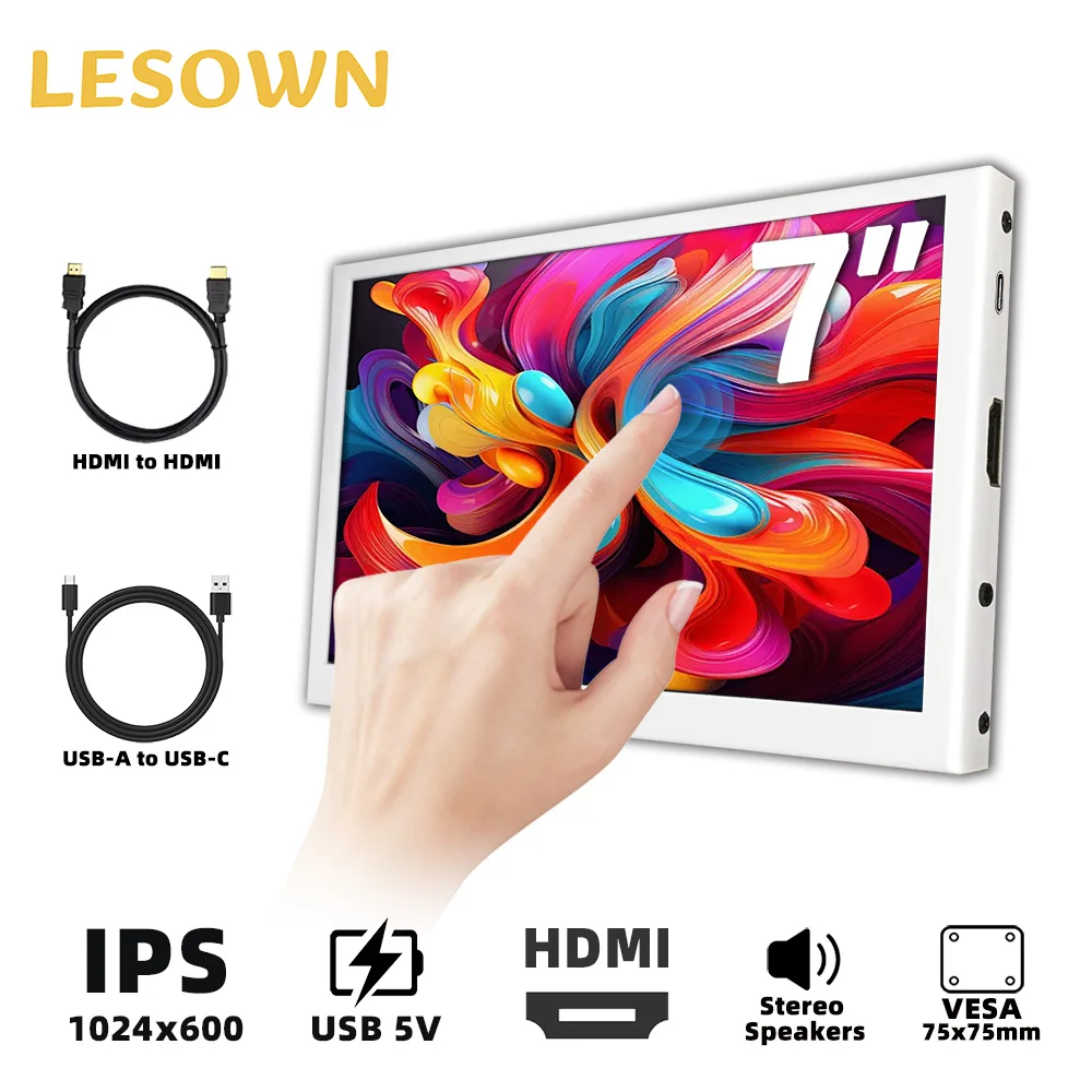 LESOWN белый маленький монитор 7-дюймовый HDMI 1024x600 IPS сенсорный ЖК-дисплей с секундным