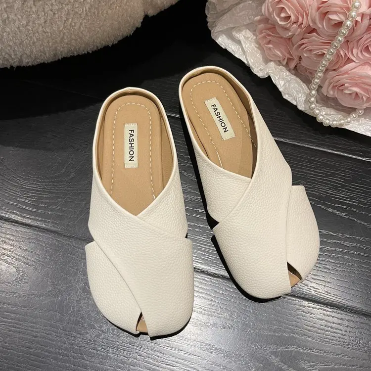 Baotou Half Slippers Women's Summer Outwear 2023 New Soft Sole Woven Flat Bottom Casual Sandals French Slippers